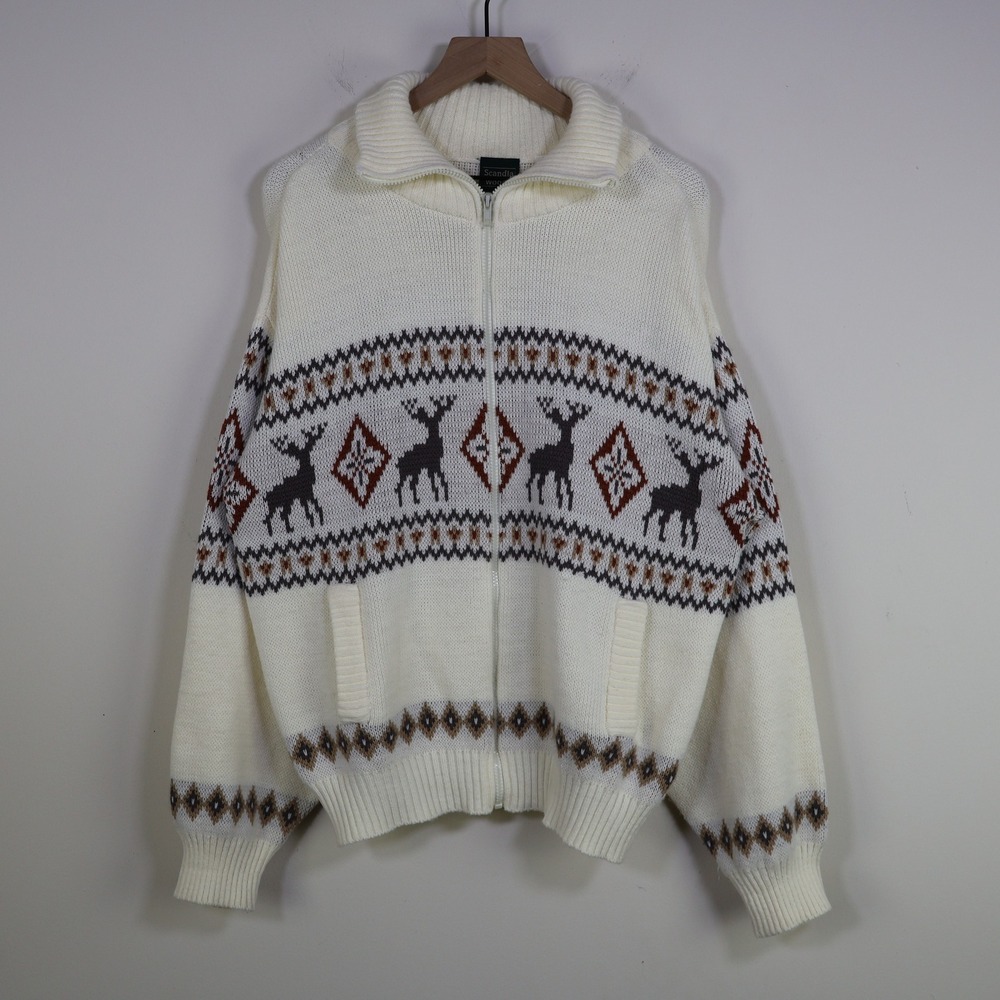 Vintage Scandia Woods Reindeer Fair Isle Full Zip Sweater XL Cabin Ivory